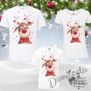 Комплект тениски Мама, Тате и Аз в бяло с елен и надпис Весела Коледа 1