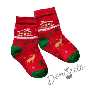 Коледни червени термо чорапи с къщичка, еленче и елхички 1