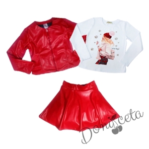 Комплект от 3 части - блуза в бяло с момиче, кожена пола в червено и кожено яке 1