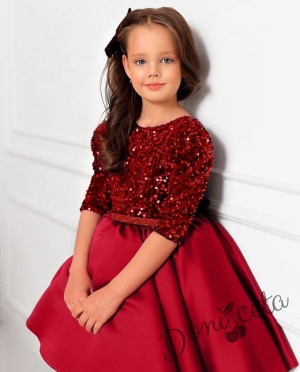 Официална детска рокля с 3/4 ръкав в червено с пайети  1