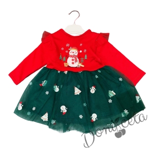 Коледна бебешка рокля в червено със снежен човек и шарен тюл в зелено 1