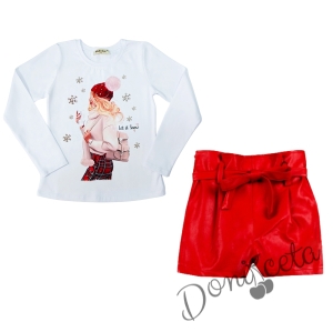 Комплект от детска блузка в бяло с коледно джудже и кожени панталони в червено на Contrast 1
