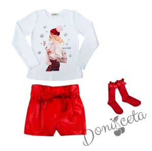Комплект от 3 части - детска блузка в бяло с коледно джудже кожени панталони в червено на Contrast и 3/4 чорапи в червено 1