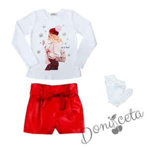 Комплект от 3 части - детска блузка в бяло с коледно джудже кожени панталони в червено на Contrast и 3/4 фигурални чорапи в бяло 1
