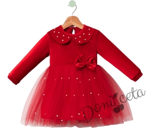 Детска кадифена рокля в червено с дълъг ръкав, тюл и якичка с перли 7