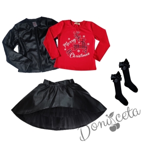 Комплект от 4 части - блуза в червено с еленче, изрязана  кожена пола в черно, кожено яке и чорапи в черно