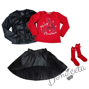 Комплект от 4 части - блуза в червено с еленче, изрязана  кожена пола в черно, кожено яке и чорапи в червено