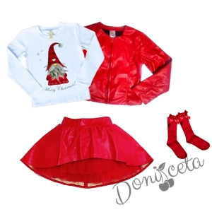 Комплект от 4 части - блуза в бяло с момиче, изрязана  кожена пола в червено, кожено яке и чорапи в червено