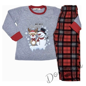 Коледна детска пижама в сиво с дълъг ръкав елен и снежен човек 1