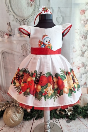 Официална детска коледна  рокля с къс ръкав със Снежен човек 1