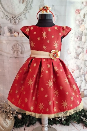Официална детска коледна  рокля с къс ръкав в червено и златисти звезди 1