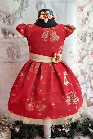 Официална детска коледна  рокля с къс ръкав в червено и златисти коледни оранменти 1
