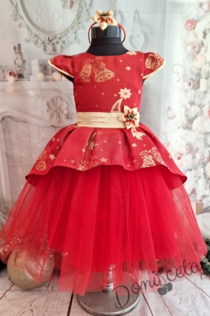 Официална детска коледна  рокля с къс ръкав в червено и златисти орнаменти и тюл 1