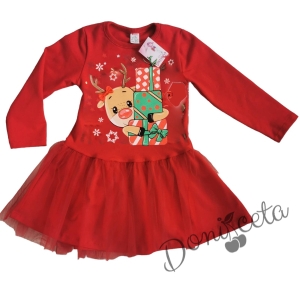 Коледна детска/бебешка рокля в червено с тюл с елен с подаръци 1