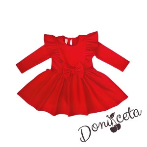 Детска рокля в цвят червено с дълъг ръкав с панделка 1
