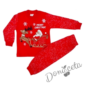 Коледна детска/бебешка пижама в червено с Дядо Коледа и елен 1