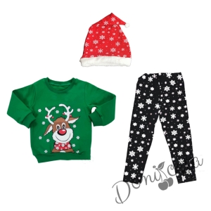 Коледен детски комплект от блуза в зелено, клин в черно и шапка в червено на снежинки 1