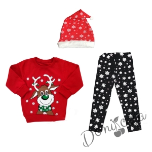 Коледен детски комплект от блуза в червено, клин в черно и шапка в червено на снежинки