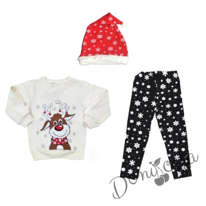 Коледен детски комплект от блуза в бяло, клин в тъмносиньо и шапка в червено на снежинки