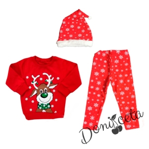 Коледен детски комплект в червено от блуза с елен, клин и шапка на снежинки