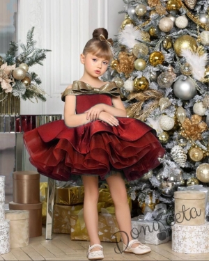Официална детска коледна рокля от богат тюл и сатен без ръкав в червено със златиста панделка и фиба за коса 1