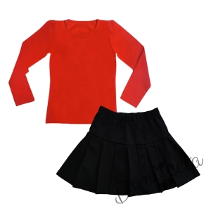 Комплект от пола в черно Мари и изчистена блуза в червено