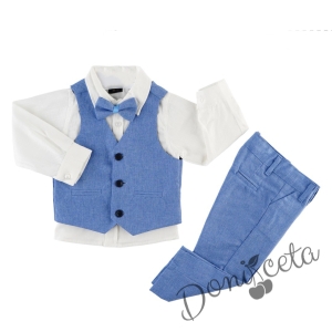 Официален комплект за момче  от 4 частив светлосиньо - панталон ,елек ,риза в бяло и папийонка  1