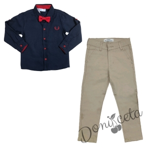 Комплект за момче панталон в бежово и риза в тъмносиньо 1