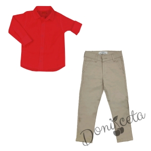 Комплект за момче панталон в бежово и риза в червено