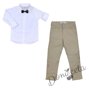 Комплект за момче панталон в бежово риза в бяло и папийонка 