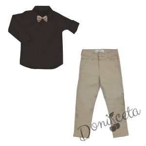 Комплект за момче панталон и папийонка в бежово и риза в черно 1