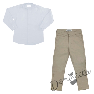Комплект за момче панталон в бежово и риза в бяло без яка 1