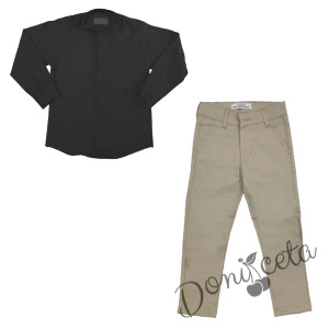 Комплект за момче панталон в бежово и риза в черно без яка 1