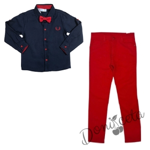 Комплект за момче панталон в червено и риза в тъмносиньо с папийонка 1