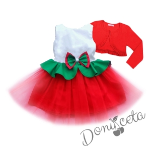Детска рокля без ръкав бяло, зелено. червено и червено болеро 1