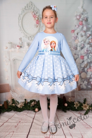 Официална детска рокля  с тюл в светлоосиньо с дълъг ръкав с Анна и Елза от Замръзналото кралство  1