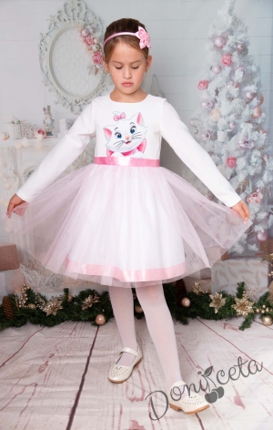 Официална детска рокля с къс ръкав в бяло с коте и тюл в розово с дълъг ръкав 1