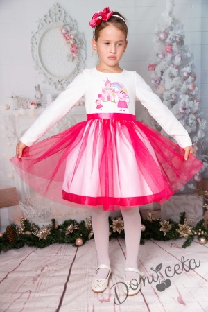 Официална детска рокля в розово с прасето Пепа и тюл с дълъ ръкав 1