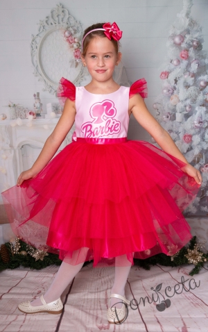 Официална детска рокля с къс ръкав в циклама с Барби 1