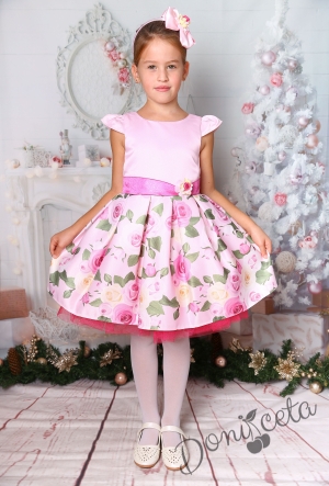 Официална детска рокля с къс ръкав в розово на рози 1