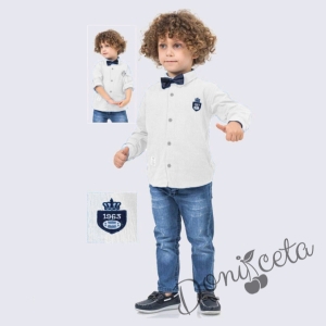 Комплект за момче от риза с дълъг ръкав в бяло с папийонка и дънки