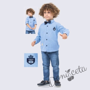 Комплект за момче от риза с дълъг ръкав в светлосиньо с папийонка и дънки 1