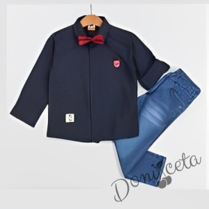 Комплект за момче от риза с дълъг ръкав в тъмносиньо с папийонка и дънки 1