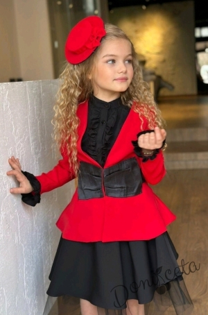 Комплект за момиче от 4 части - пола, риза без ръкав, сако и диадема за коса в червено
