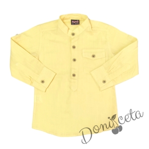 Детска риза с дълъг ръкав за момче в жълто с джоб без яка 1