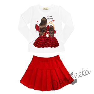 Комплект за момиче от блуза в бяло с майка и дъщеря и пола плисе в червено 1