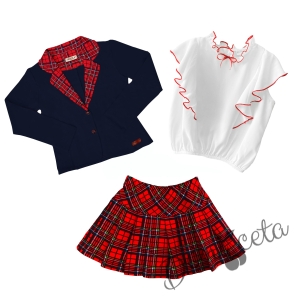 Комплект от риза в бяло с червени къдрици, сако в тъмносиньо и пола плисе каре 1