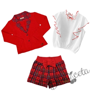 Комплект от риза в бяло с червени къдрици, сако и къси панталони в червено каре 1
