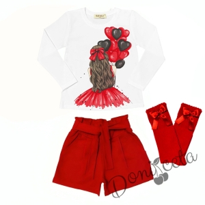Комплект за момиче от блуза в бяло с балони и къси панталони и чорапи в червено 1