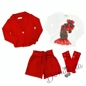 Комплект за момиче от блуза в бяло с балони, къси панталони, сако и чорапи в червено